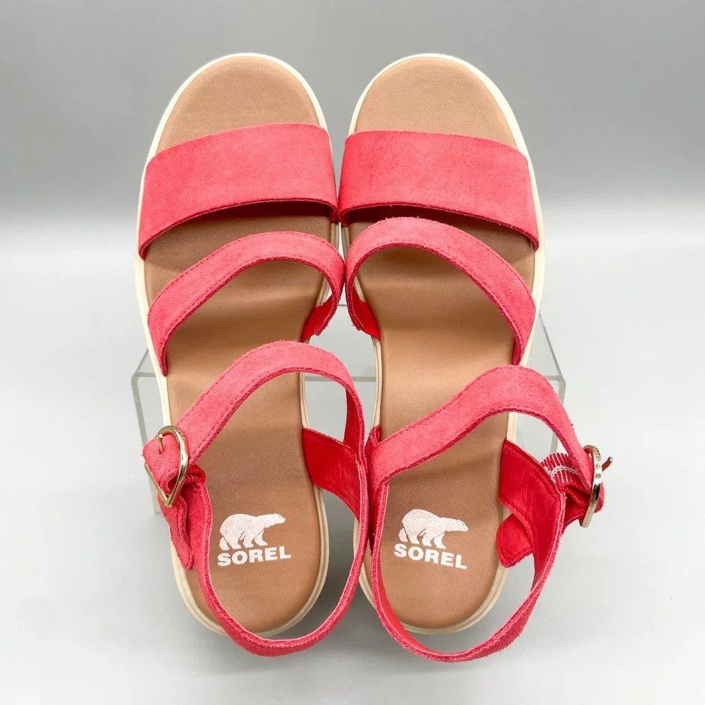 Sorel Joanie Heel Sandals Womens 9.5 Pink Red Suede Chunky Platform Strappy Shoe